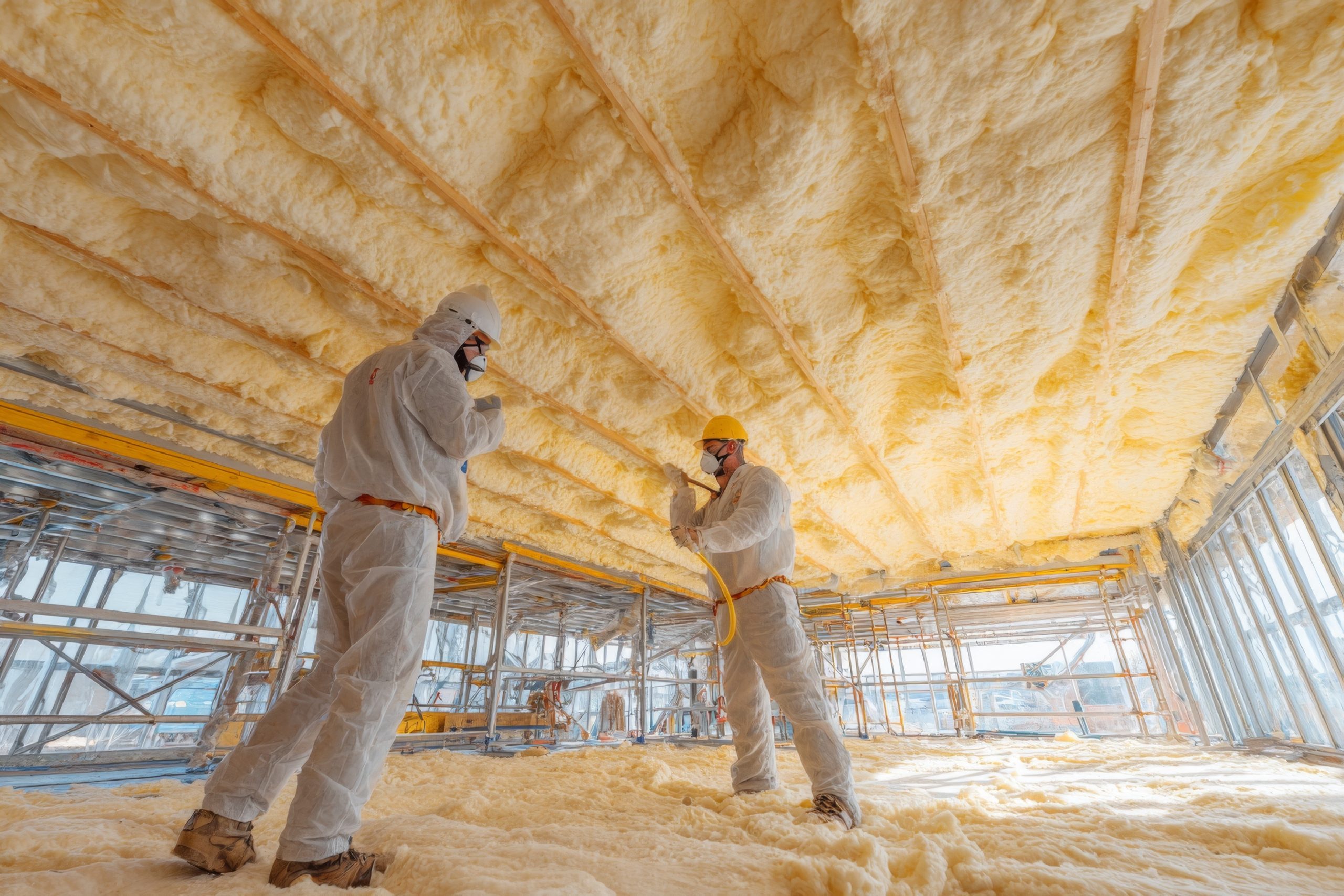 two men in white suits working on insulation free photo